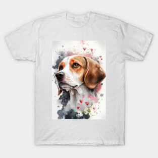 A Watercolor Beagle Dog With Valentine Hearts T-Shirt